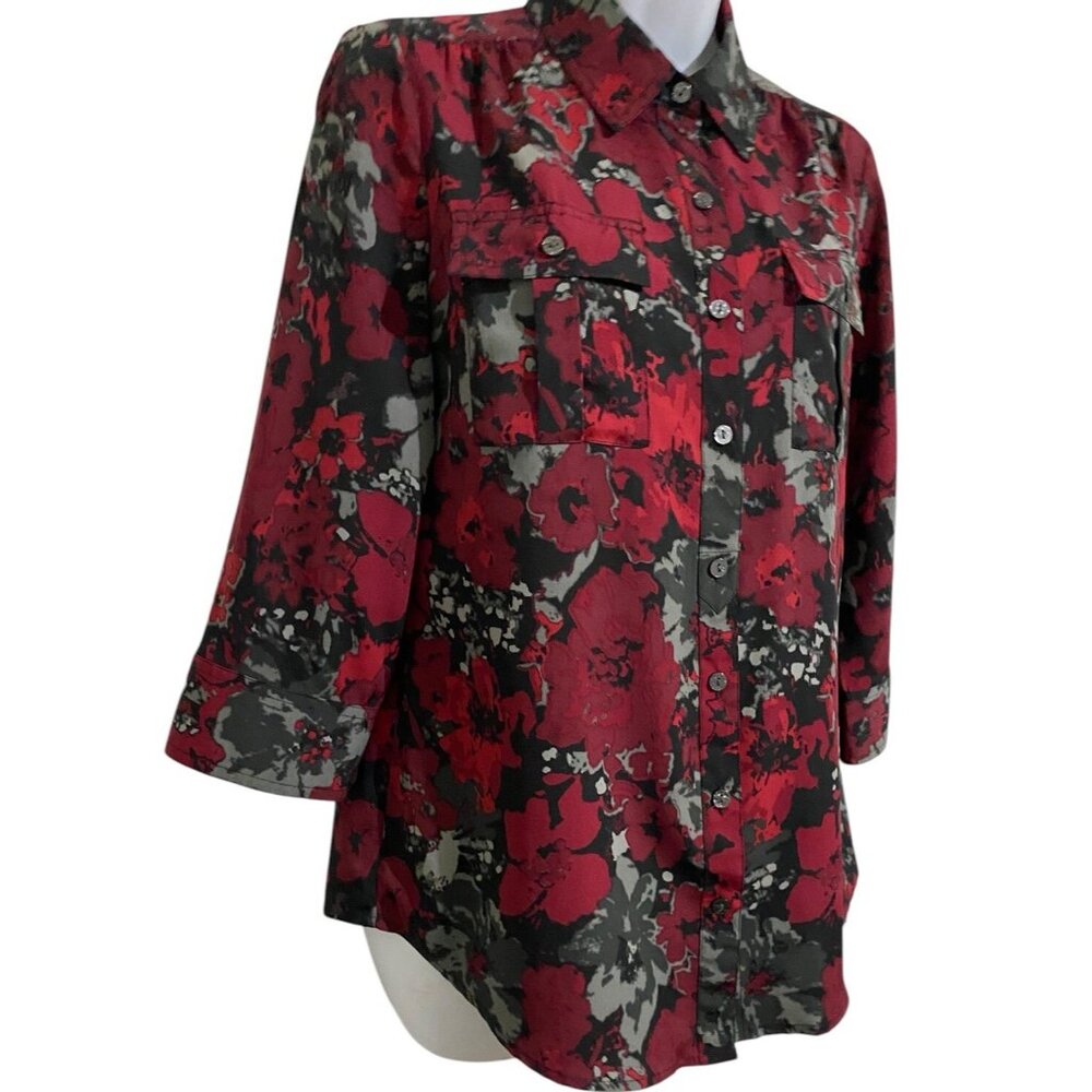 Croft & Barrow Womens Button Up 3/4 Sleeve‎ Top Size S Collar Dark Red Floral
